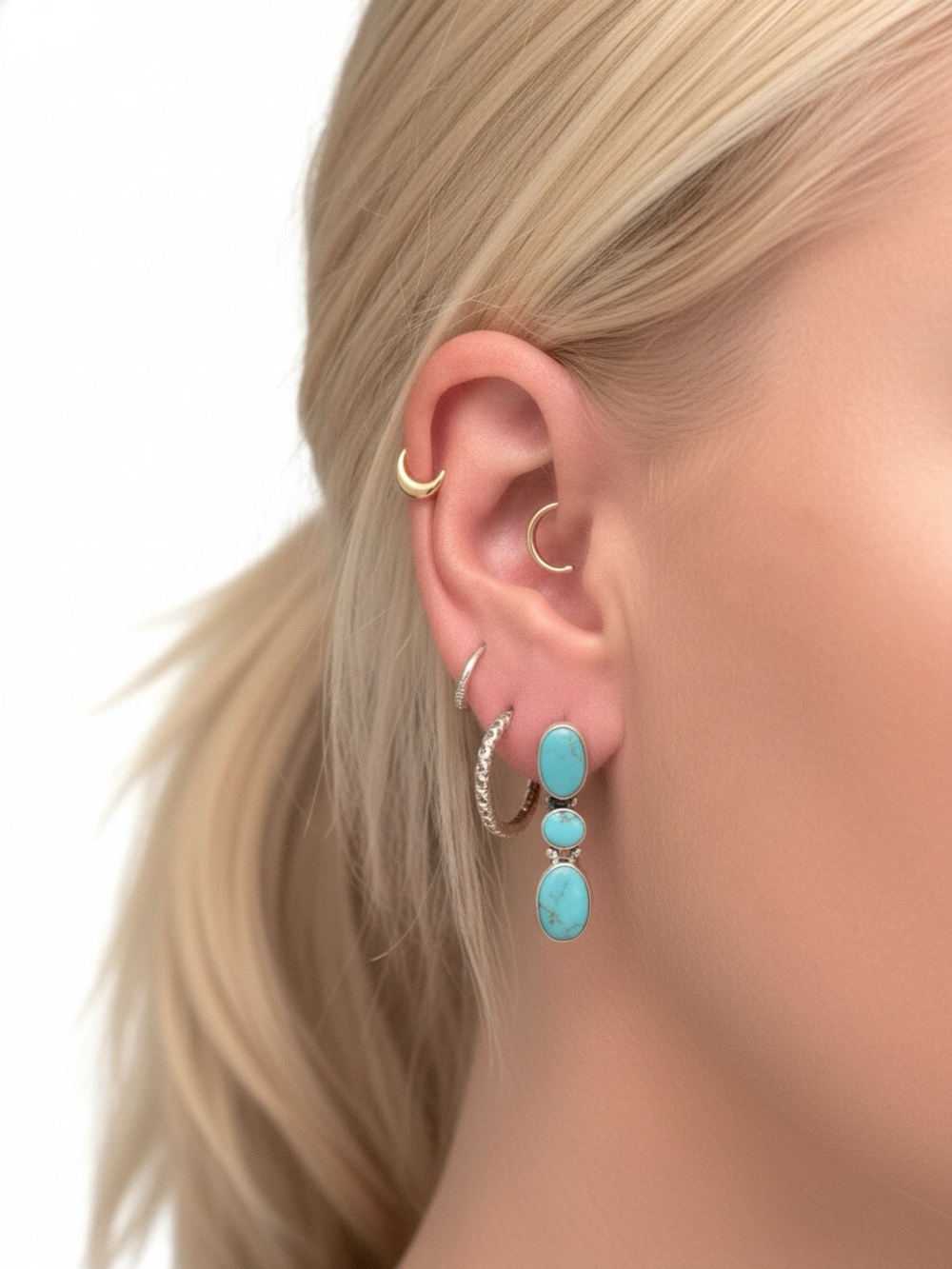 Turquoise Triple-Oval Drop Earrings -925 sterling silver - Picture 2 of 5